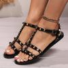 Fashion 2025 Summer New Style Rivet Thin Strap T-toe Sandals Summer Square Toe Flat Bottom Women's Going Out Roman Women's Shoes