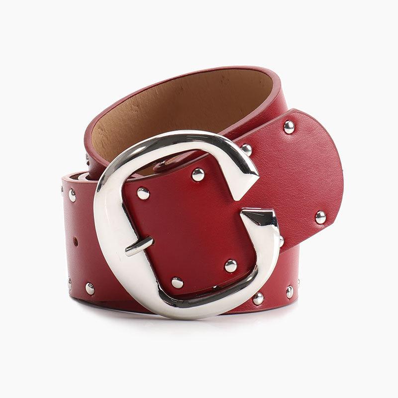 Hop Hip Inspired Women Leather Belt With Double Row Rivets And Large C Buckle