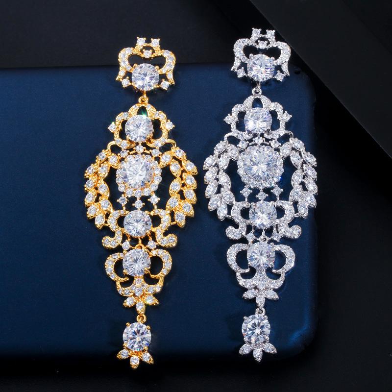 E0289 White Zircon Hollow Fringed Earrings, Needle Full Diamond Bridal Earrings