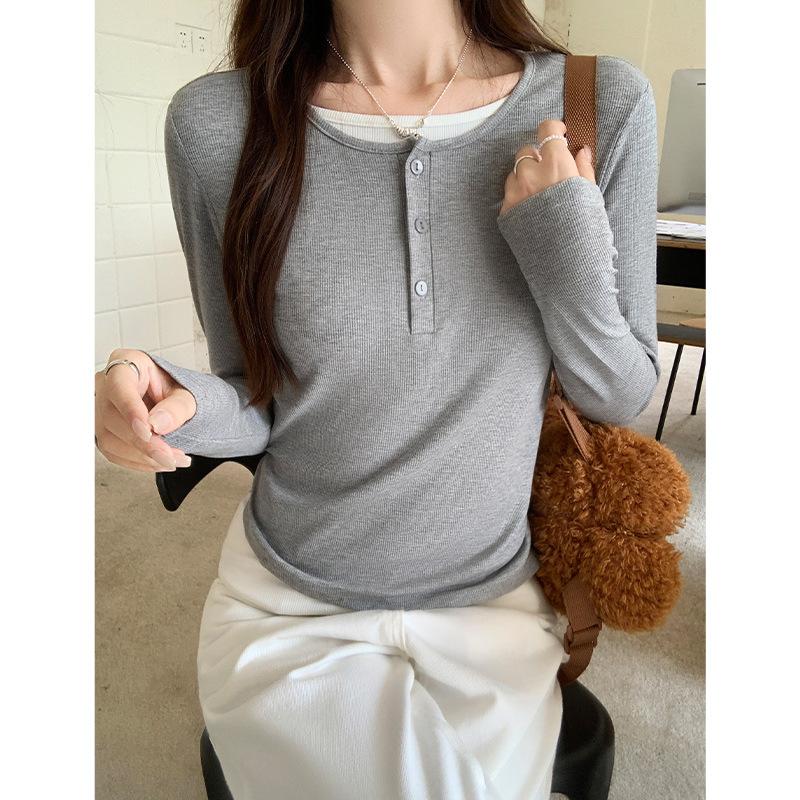 Fake Two-piece Contrasting Color Long-sleeved Women's T-shirt for Autumn, Slim Fit Waist, Slimming, Exquisite and Beautiful Bottoming Shirt Top