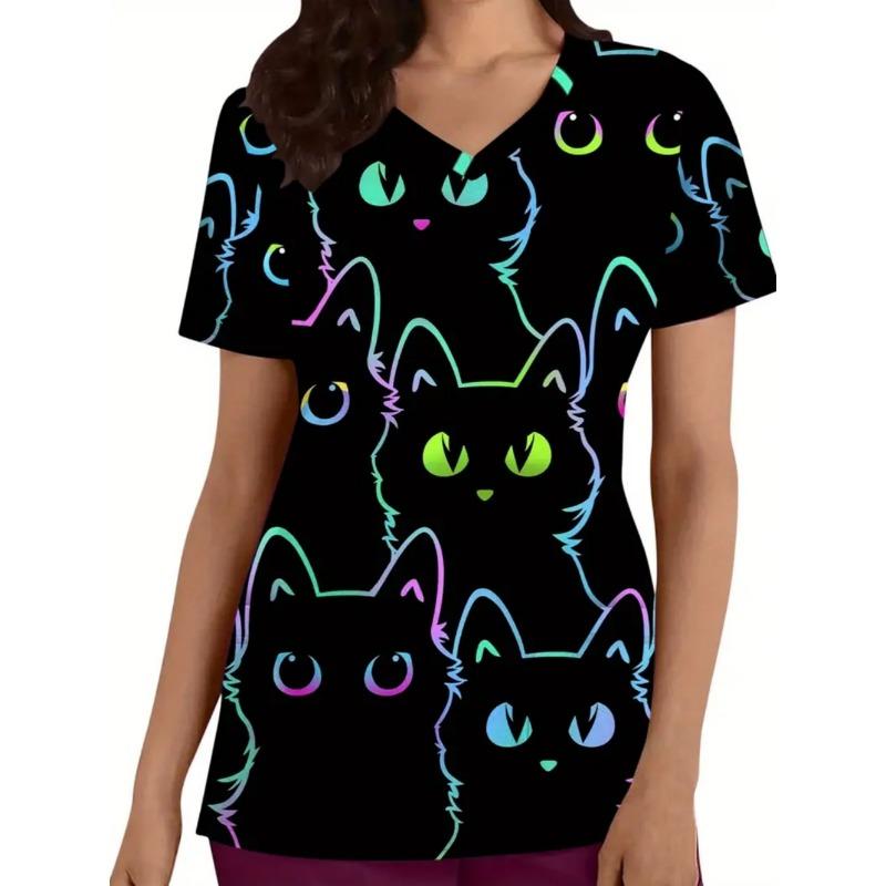 Woman Cute Cat Pattern Print V-Neck Short Sleeve Nurse Uniform Tops Comfortable with Pockets Medical Clothes