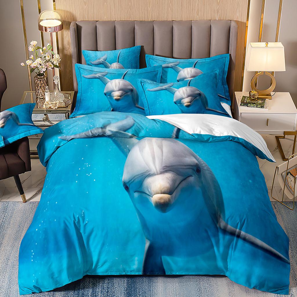 3D-gedruckte Heimtextilien Bettwäsche Delfin Meeresschildkröte Meerestier Quilt-Set Dreiteiliges Set