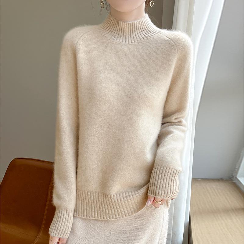 Women's Thick Wool Sweater - Half-High Neck, Raglan Sleeve, Warm & Loose Fit for Autumn/Winter