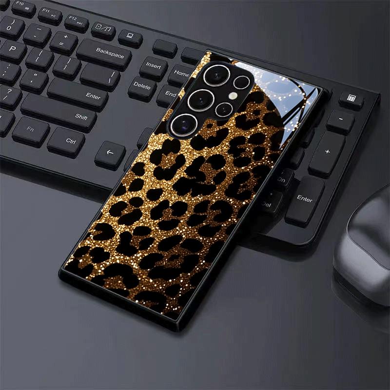 Golden Flash Leopard Pattern Tempered Glass Phone Case Suitable for Samsung GalaxyS26 S25 S24 S22 S21 S20FE/Ultra/Plus Anti Drop