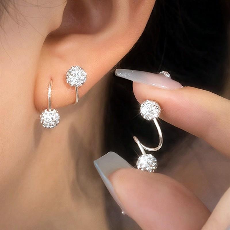 S-Shaped Zircon Stud Earrings Women Geometric Round Ball Screw Back Minimalist Ear Cuff Jewelry