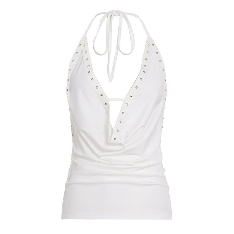 Unique Niche Style Spicy Girl Rivet Embellished Halter Neck Tank Top with Sexy Backless Design, Sleeveless Short Design Vest Top White S