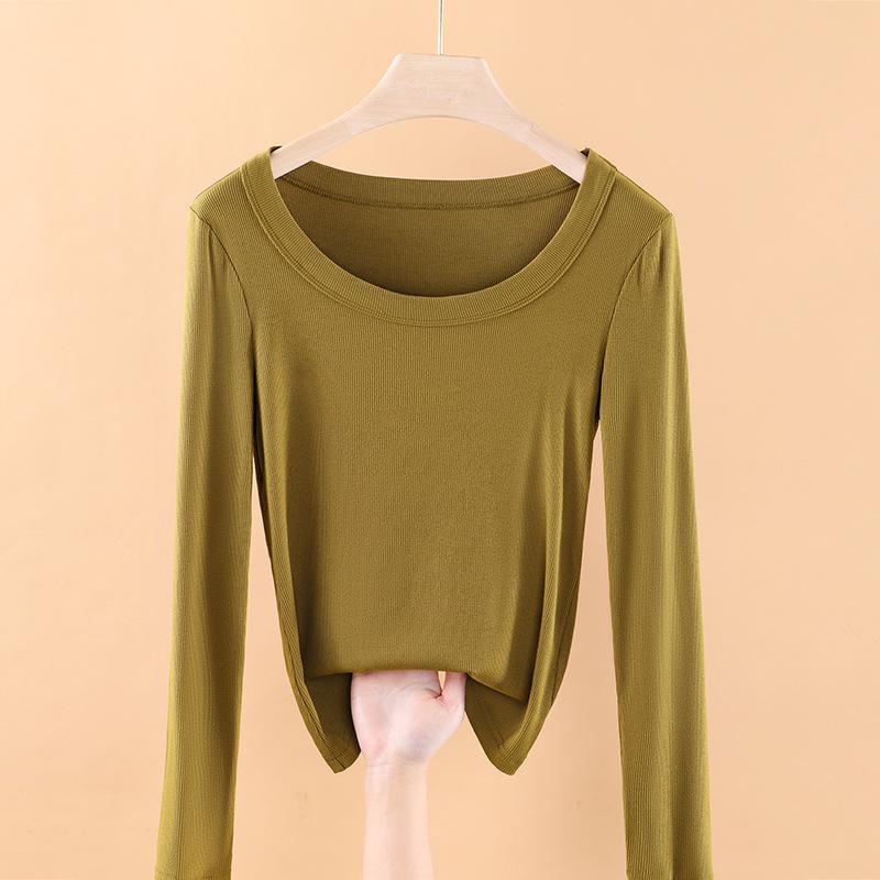 

Modal big round neck bottoming shirt women s long-sleeved T-shirt spring and autumn 2025 new solid color inner low neck white top 3XL