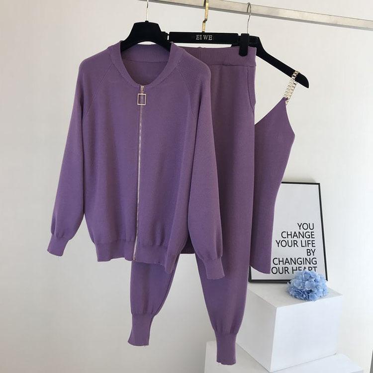 3 teile/satz Gestrickte Pullover Anzug Casual Kette Weste Gestrickte Jacke + Elastische Hosen Drei-stück Sets Frauen Outfits