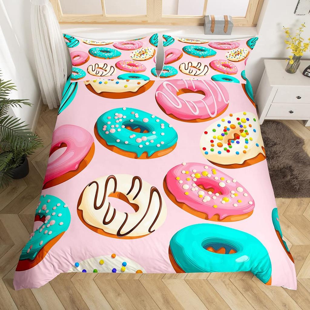 Kawaii Munk Påslakanset Färgglatt Sött Munk Sängklädesset Läckert Efterrätt Rosa Lila Täcke Flickrumsinredning
