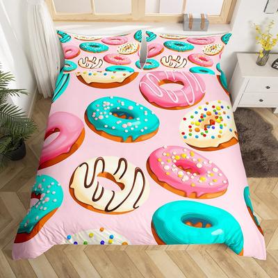 Kawaii Pink Dessert Sweet Doughnut 3D Print Bedding Set Cozy Duvet Cover King Queen Twin Size Birthday Gift Kid Girl Room Decor
