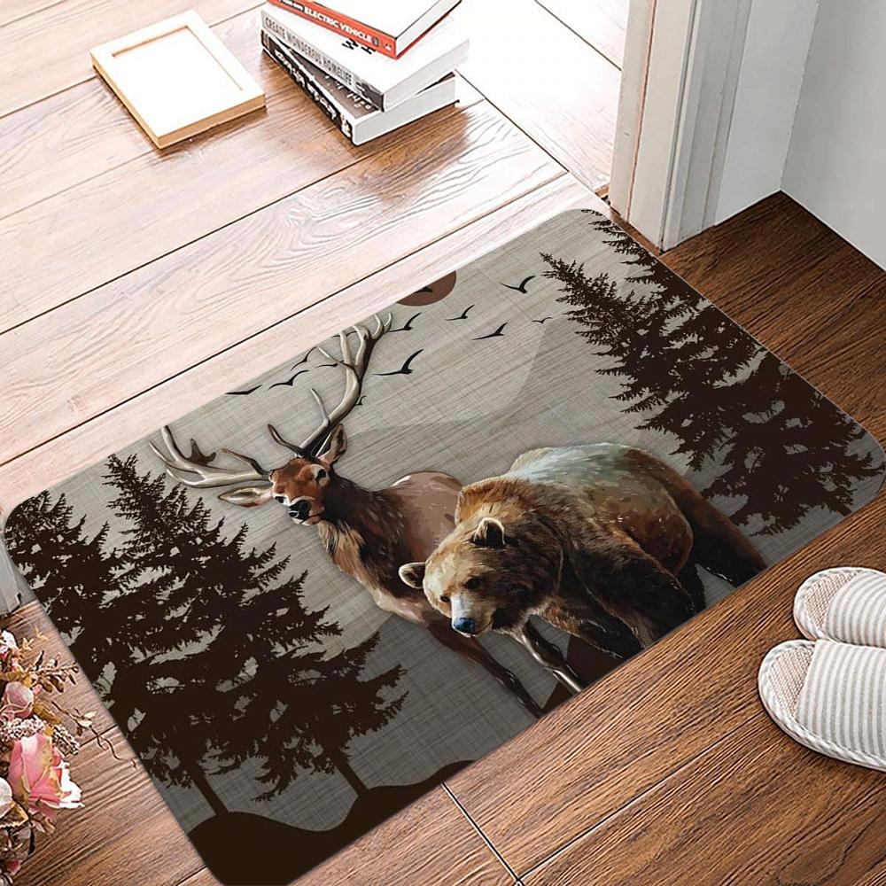 Wood Deer Print Doormat Non-Slip Rugs for Living Room Bedroom Kitchen Laundry Mat Machine Washable Home Decor Carpet