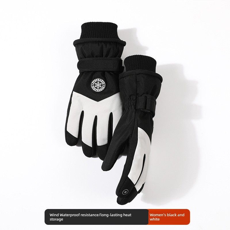 

Northeast Winter Cycling Touch Screen Ski Gloves Female Waterproof Fleece-Lined Outdoor minus 40 Degrees Cold-Proof Heattech Equipment Male Female round logo: Black + White One size