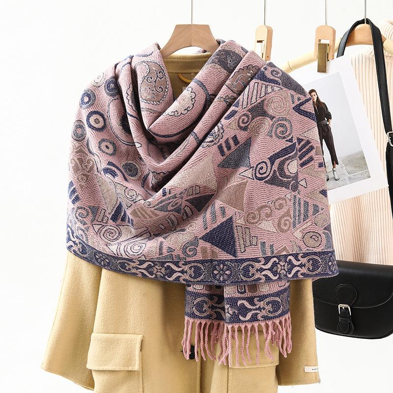 Jacquard Scarf Shawl with Decorative Imitation Cashmere Scarf for Women Winter High End New Style Thickened Ethnic Style Shawl