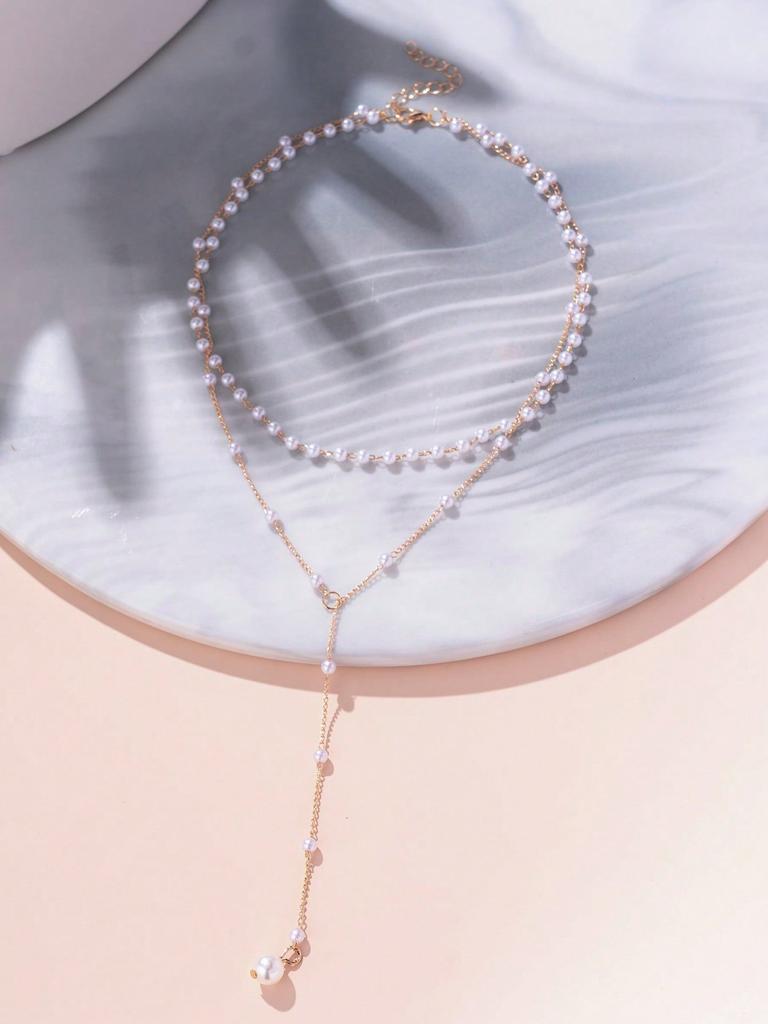 1 Piece Retro Elegant Double-Layer Fake Pearl Tassel Necklace, Versatile Accessory For Daily Parties, Commuting, And All Seasons