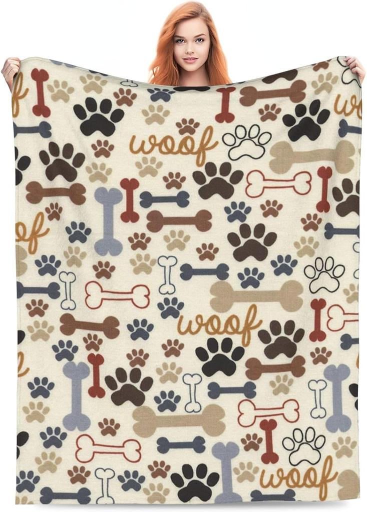 Dog Paws And Bones Print Throw Blanket Flannel Fleece Blankets Soft Plush For Sofa Couch Bedroom Gift