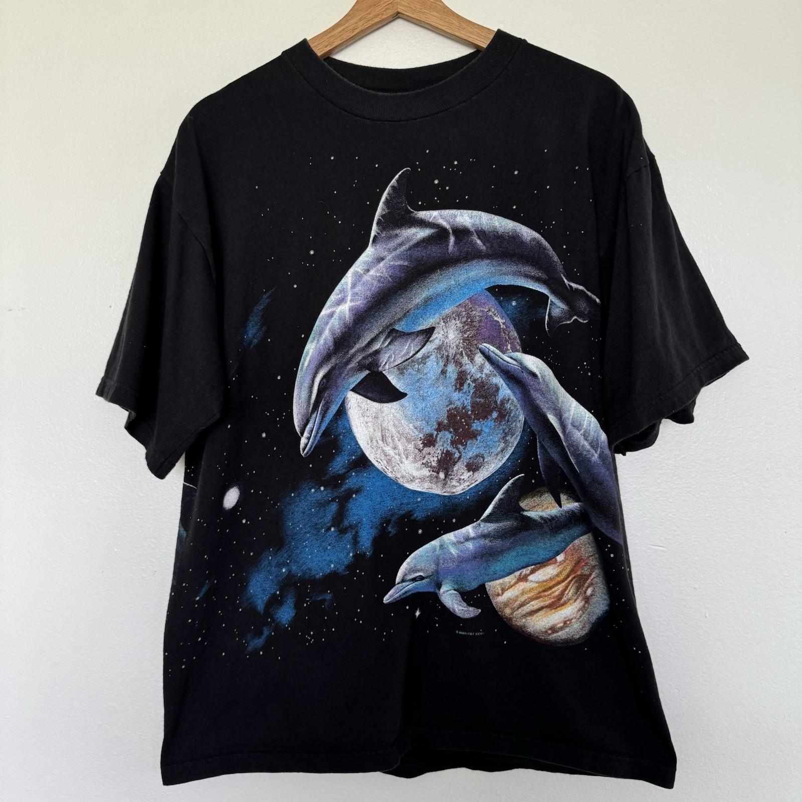 Vintage 90s Habitat Dolphin Space T-Shirt Mens Large Black AOP Galaxy Animal Tee Unisex T-Shirt XXXL