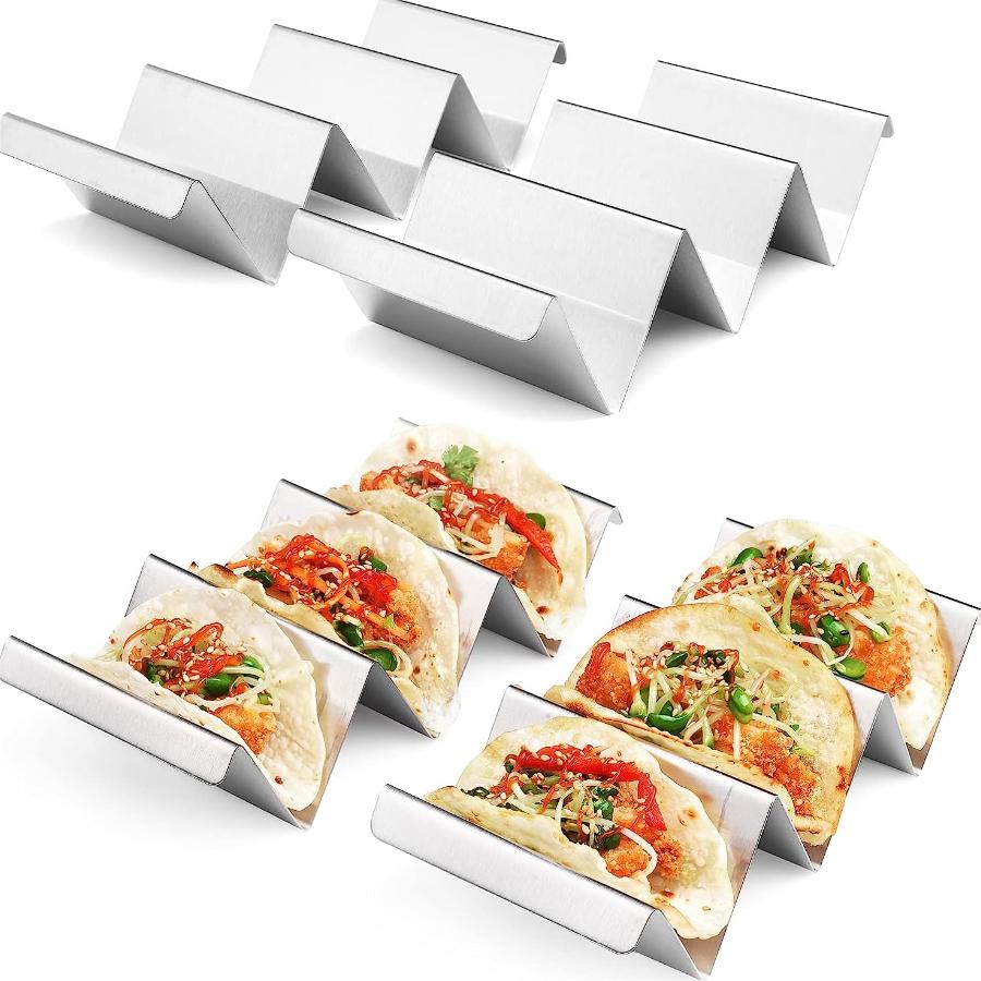 Taco Holders 4 Packs - Stainless Steel Taco Stand Rack Tray Style, Oven Safe for Baking, Dishwasher and Grill Safe