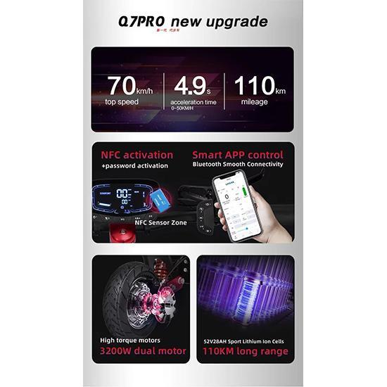 E-skútr BOYUEDA Q7Pro Max E-Scooter 3200W Duální motor 52V28AH Baterie Aktivace NFC Ovládání aplikací E-skútr Tiché pneumatiky Elektrický skútr