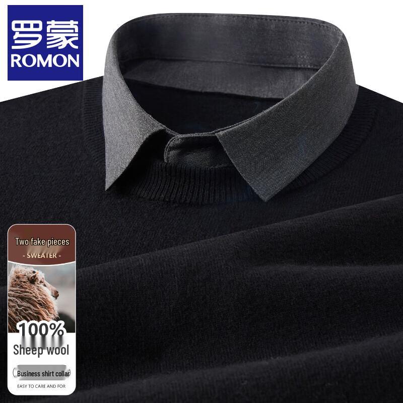 Luomon Men s 100% Wool Faux Two-Piece Shirt Collar Sweater 3XL