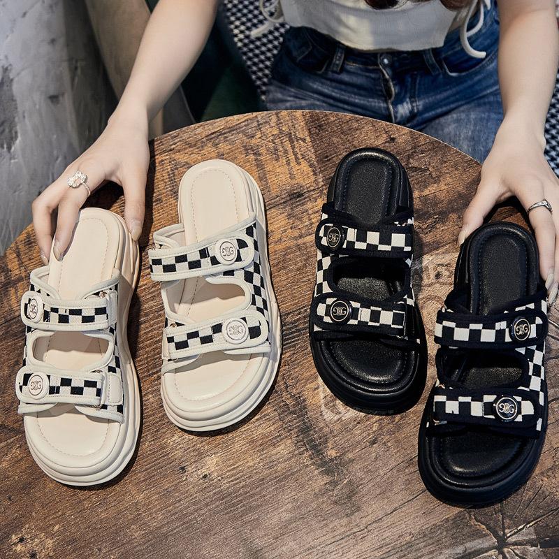 Summer new thick-bottomed cool slippers women's thick-bottomed plaid sports and leisure beach slippers