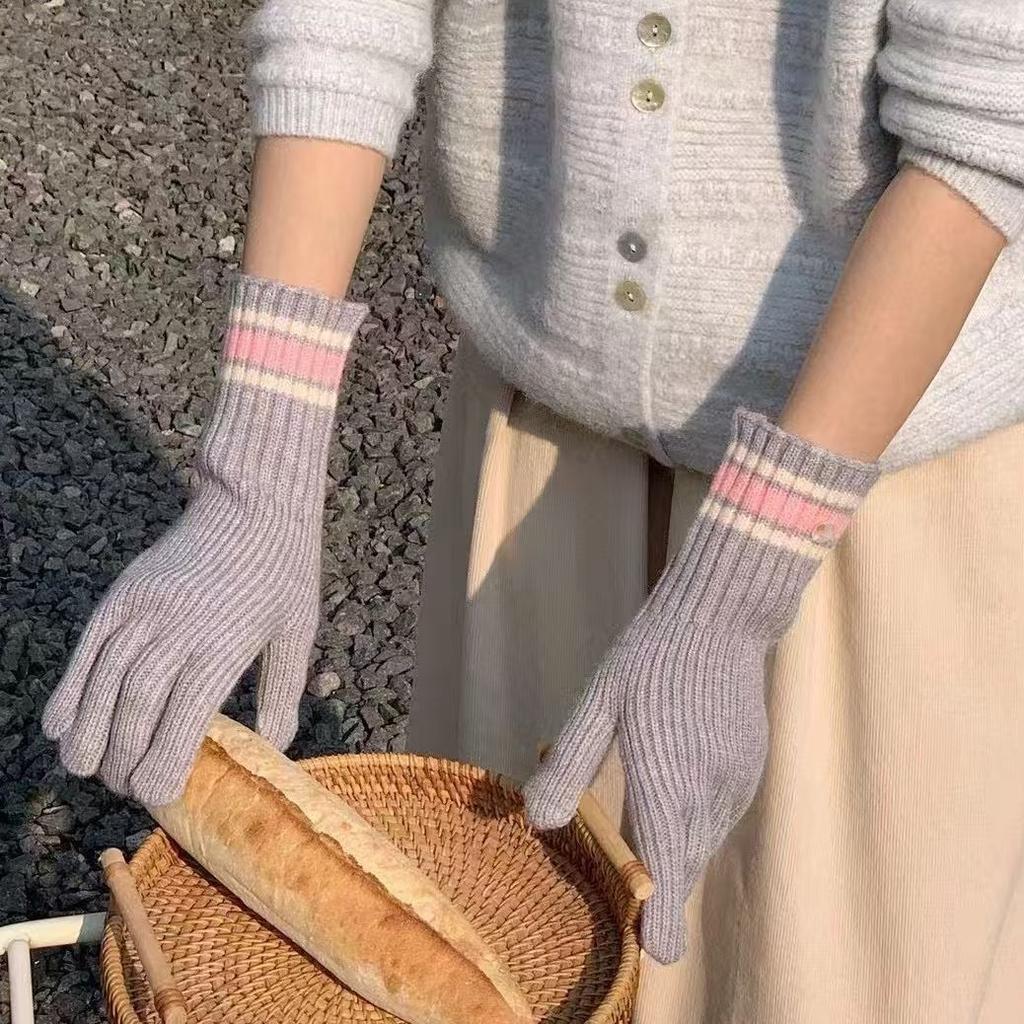Retro Striped Arctic Fleece Split Fingers Gloves Knitted Wool Autumn and Winter Cold Protection Outdoor Riding Solid Color Touch Screen