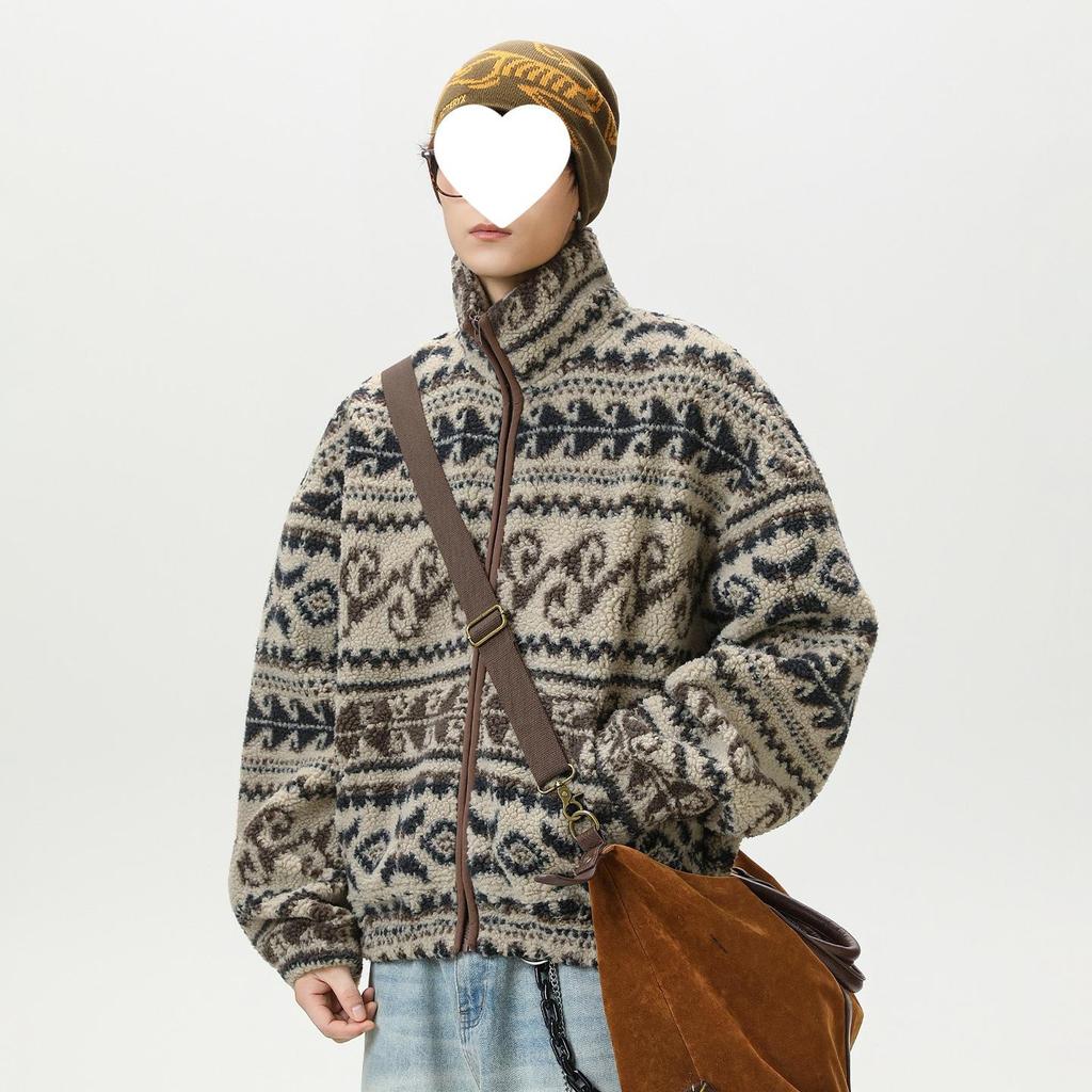 Men's Custom Ethnic Jacquard Fleece Jacket - Autumn Winter Stand Collar, Short Wide Silhouette, Warm Outerwear