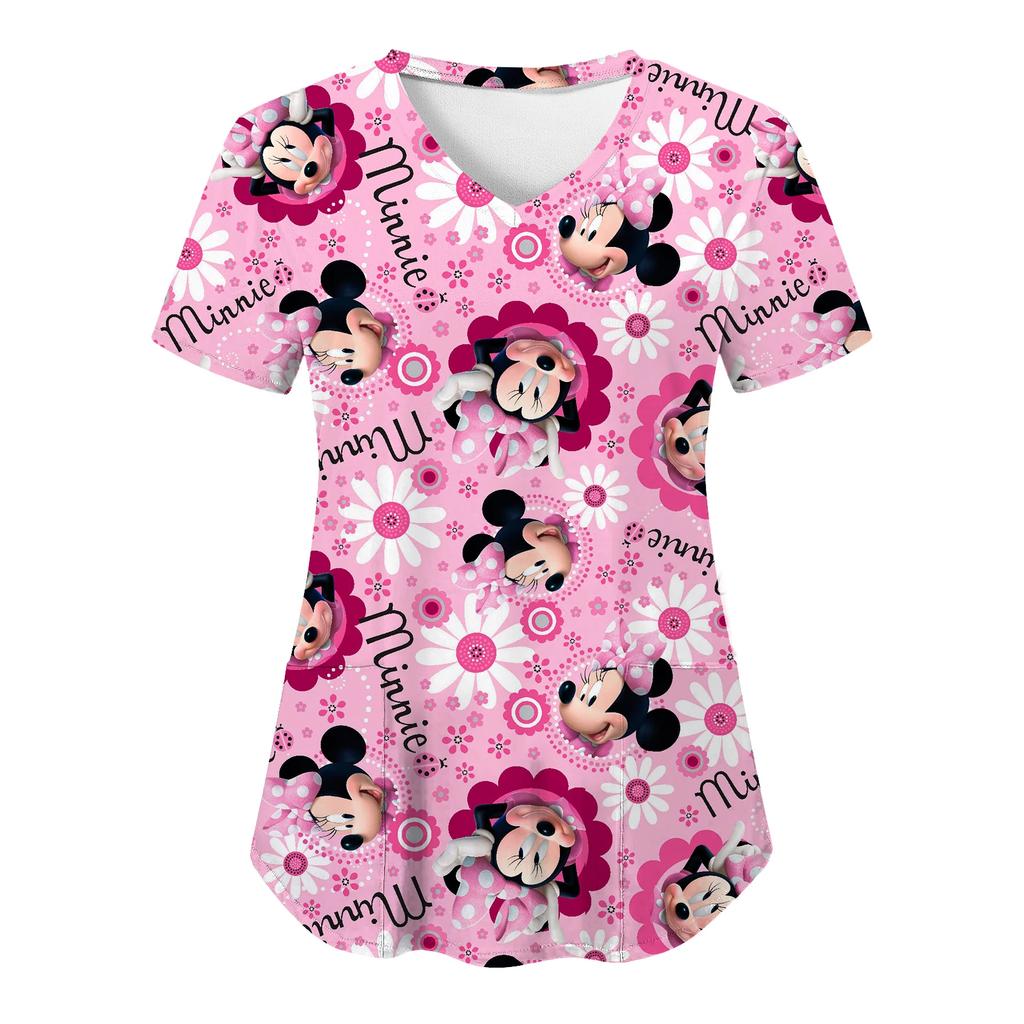 Miniso Minnie Mouse T-shirts V Neck Woman Clothes Hospital Tops Disney Top Women 2025 Nurse Uniform T-shirt Pocket Summer Tees
