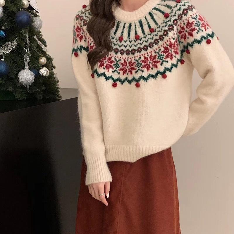 

Осень и зима Рождественский ленивый мягкий восковой трикотажный свитер с круглым вырезом ретро жаккардовый красный свитер Fair Isle женский пуловер свободный 411-96 (average size)