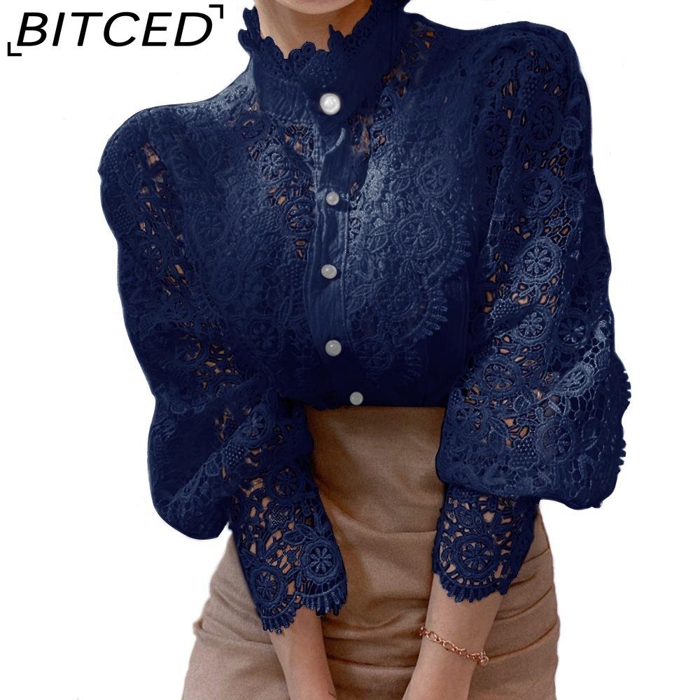 BITCED Women's Loose-fitting, Distinctive Button-down Lace-trimmed Floral Appliqué Shirt