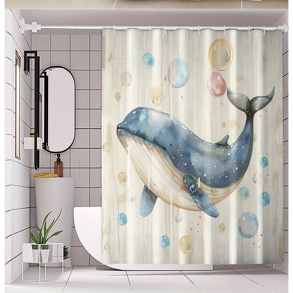 Cartoon Whale Digital Print Shower Curtain – Polyester, No-Punching Partition for Bathroom