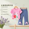 Girls Summer Cute Cartoon Short Sleeve Tee And Bow Knot Jeans Two Piece Set Casual Outfit