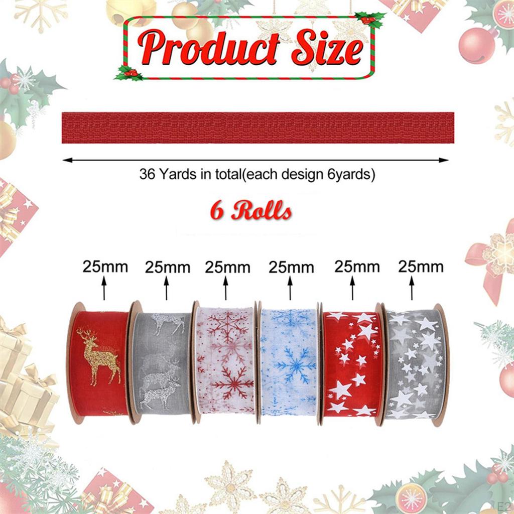 6Pcs Christmas Ribbons Xmas DIY Width 2.5cm Gifts Wrapping Snowflake Stars Elk for