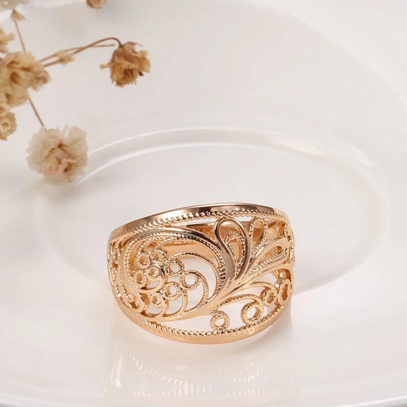 Golden Texture Women's Rings High Glossy Hollow Leaf Rings Vintage Costume Jewelry