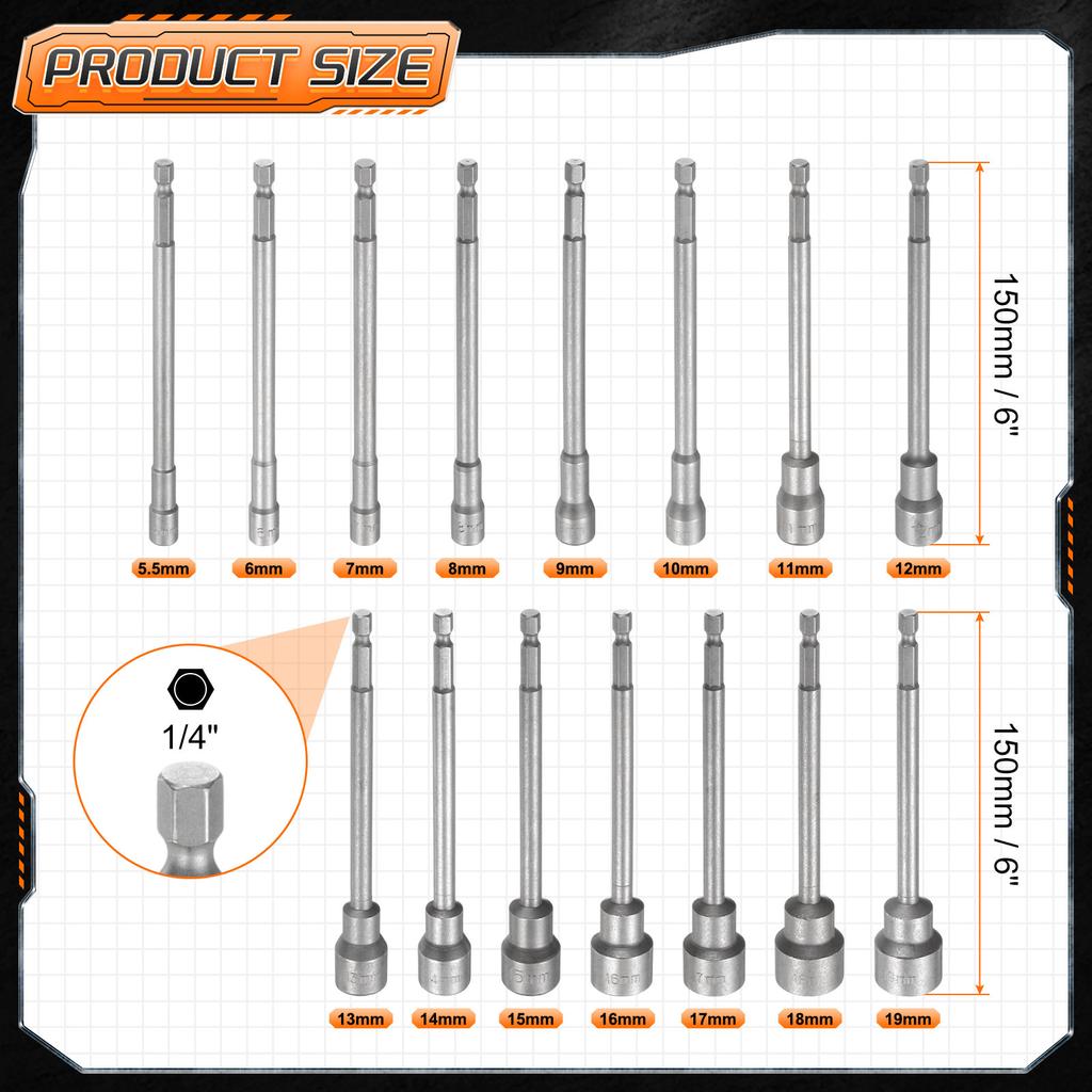 3-15pcs Nut Driver Drill Bit Set 5.5-19mm Metric Impact Socket 1/4" Hex Shank 6" (150mm) Extra Long Magnetic 6-Point Sockets