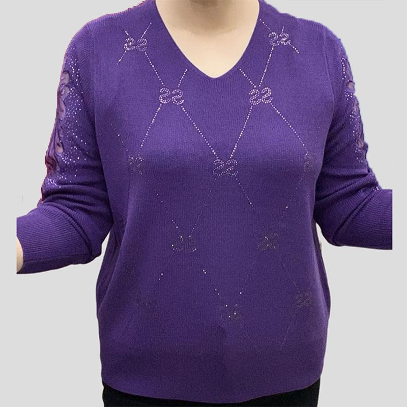 Frühling Herbst Damen V-Ausschnitt Pullover Lockere Passform Strasssteine Lochstrick Überzieh-Pullover