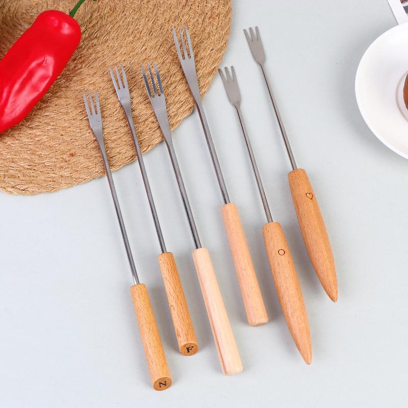 Fondue Fork Set for Chocolate Cheese BBQ Reusable Stainless Steel Wooden Handle Fruit Forks for Party Dipping and Grilling