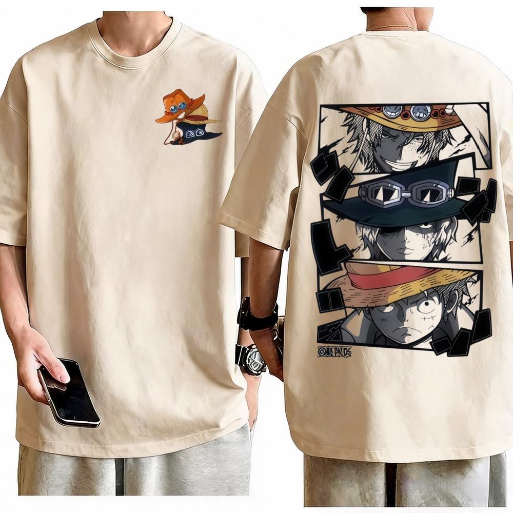 One Piece Ace Sabo Luffy TShirt Oversized Anime Graphic Print Crew Neck Pure Cotton Streetwear Fashion Tops For Men Women