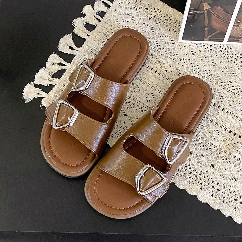 Beach cool slippers women's 2025 summer new one-pedal lazy versatile outer wear belt buckle flat bottom one-word drag