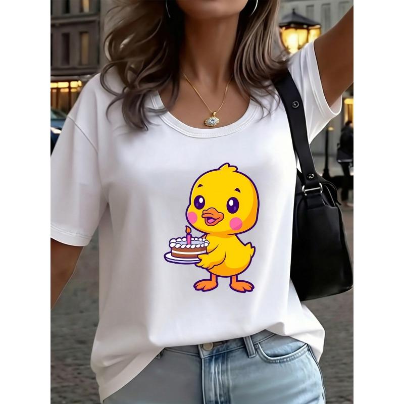 

Women Duck Holding Birthday Cake Print T-Shirt Round Neck Short Sleeve Cute Birthday Outfit Casual Top 4XL білий