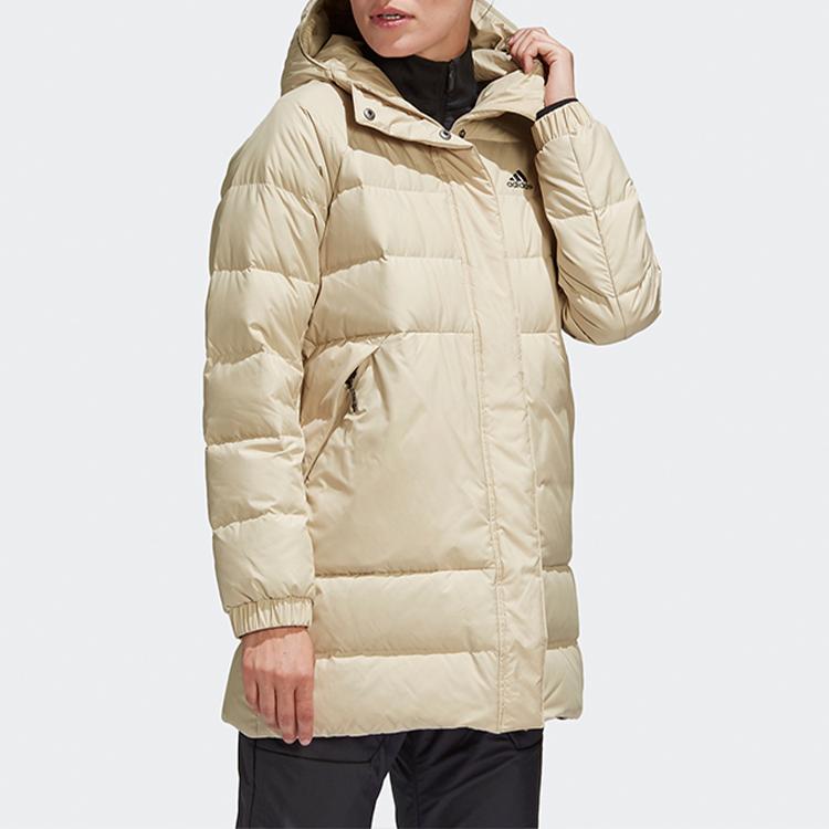 Adidas Warm Windproof Solid Color Mid-Length Down Jacket With Hood Women Outerwear Champagne GE9981