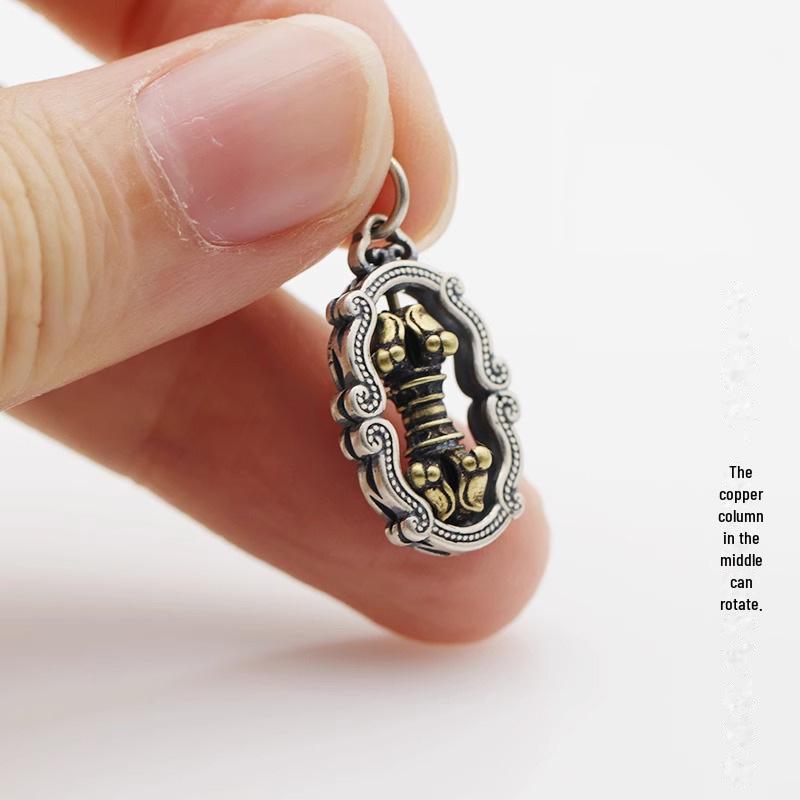 Rotatable Matte Copper Vajra Pendant with Six-Word Mantra and Braided Rope Bead Accessories