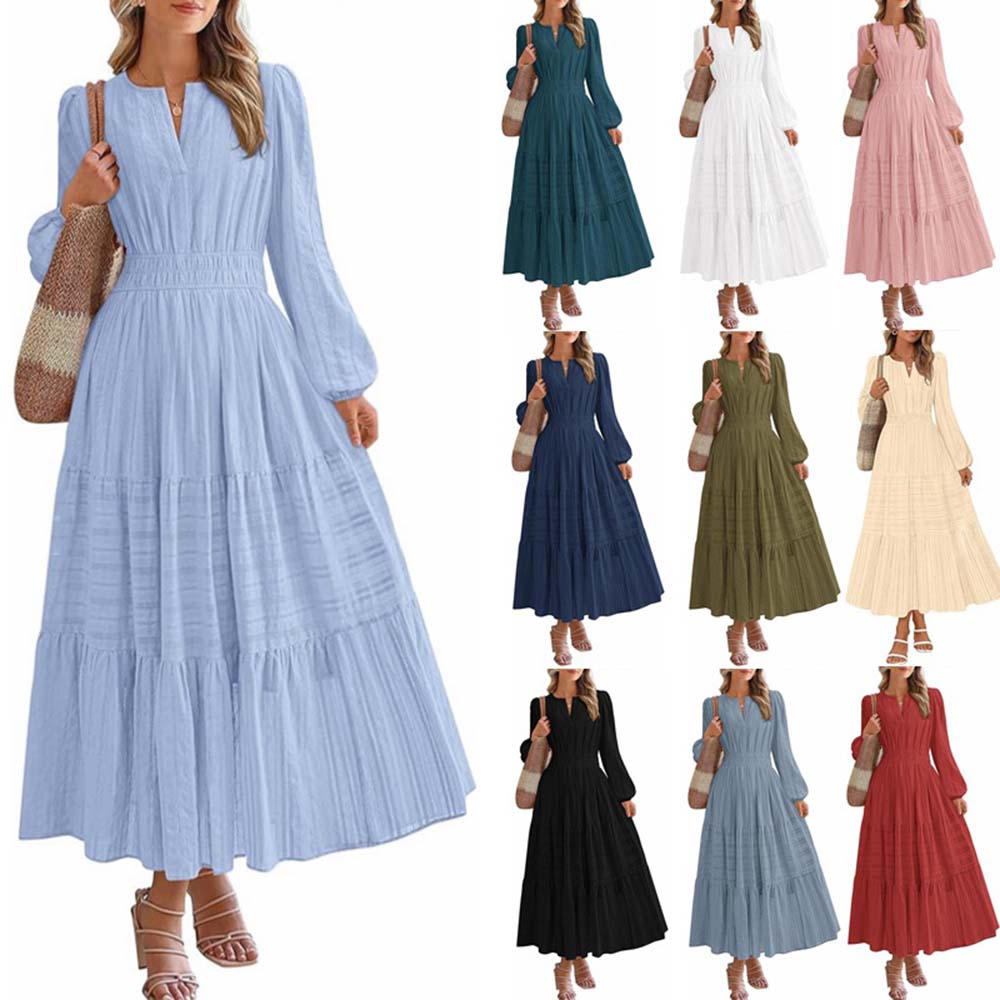 Women's Spring Summer Elegant V-Neck Ruched Waist Flared Long Sleeve Maxi Dress Fashion Casual Party Dress