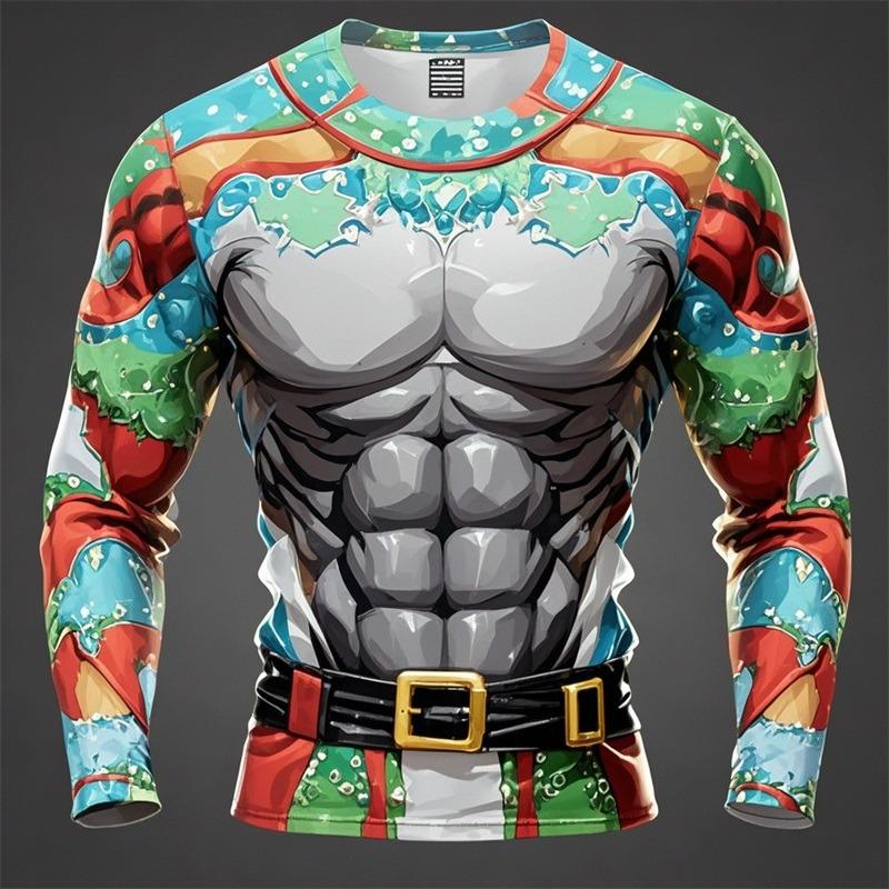 Divertenti Magliette Stampate in 3D con Muscoli Finti di Babbo Natale Brutto Natale Uomo Donna Magliette a Maniche Lunghe Moda Oversize Abbigliamento Natalizio da Uomo