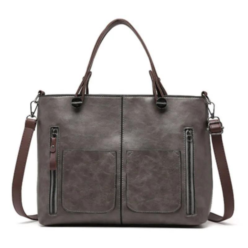 

European American Retro Leather Women s Handbag, Large Capacity Tote Bag, Vintage Cross Body Bags for Woman with Double Pockets сірий колір
