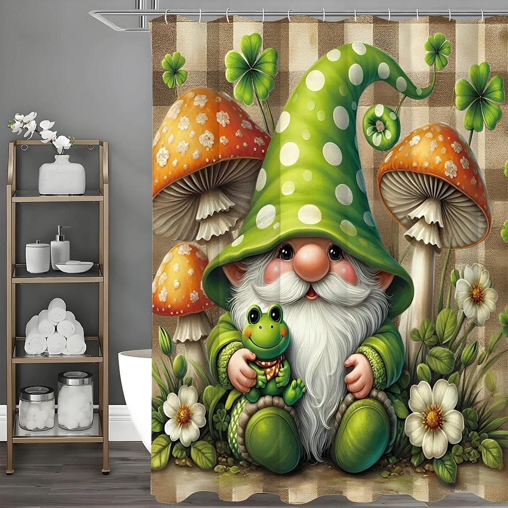 Charming Gnome and Frog Shower Curtain for a Whimsical Bathroom, Featuring an Adorable Gnome In a Green Hat Holding