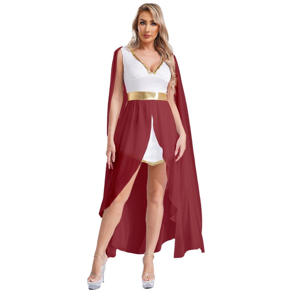 Womens Greek Princess Costume V Neck Cape Sleeve Design Sequin Trim Front Split Dress Queen Cosplay Halloween Party