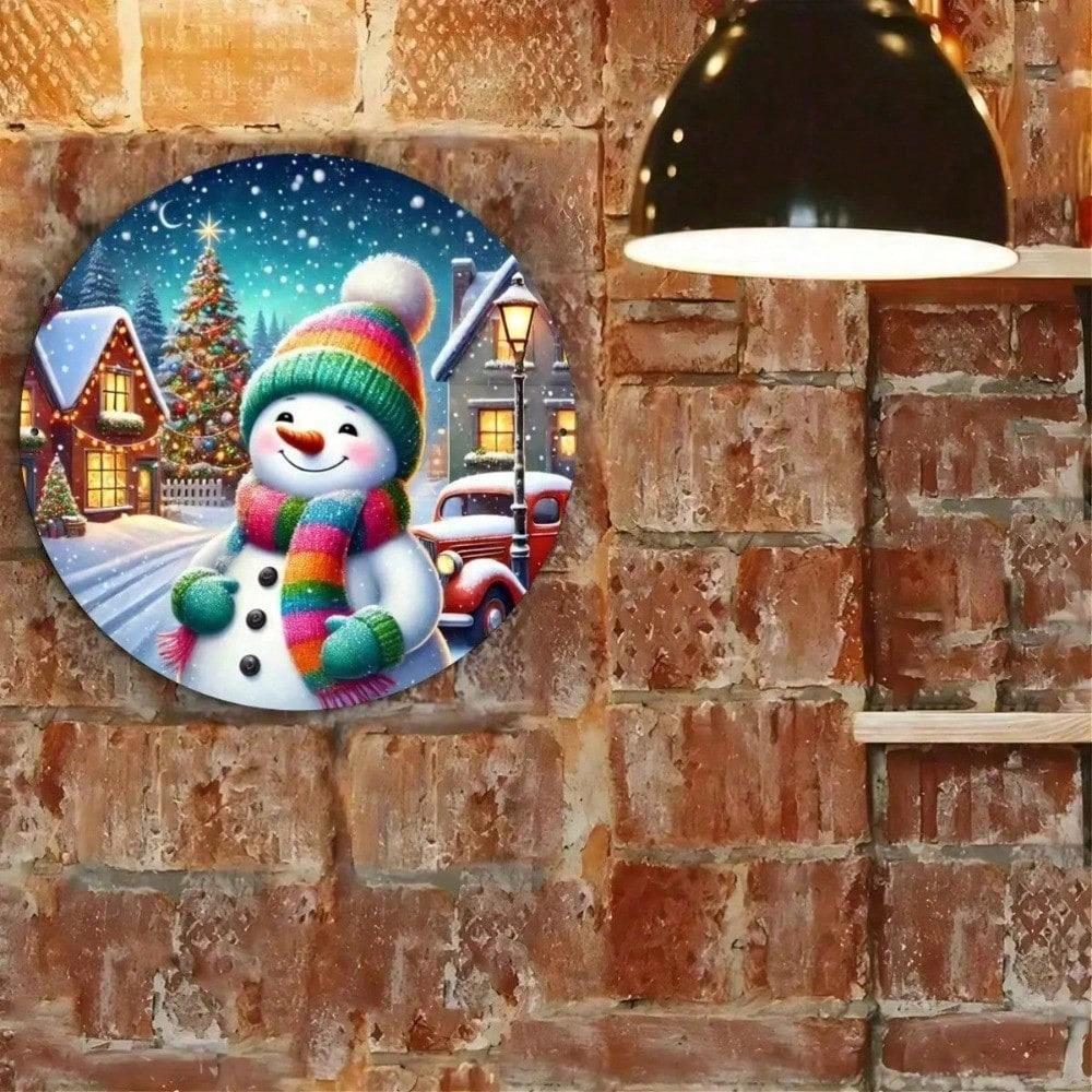Vintage Santa Snowman Metal Sign Round Wall Art Holiday Home Decor Farmhouse Bar Aluminum