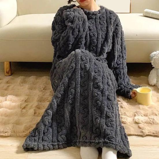 Women's Flannel Nightgown Fuzzy Fleece Sleepdress Loose Crew Neck Long Nightdress with Pockets Cozy Plush Warm Winter Pullover Loungewear