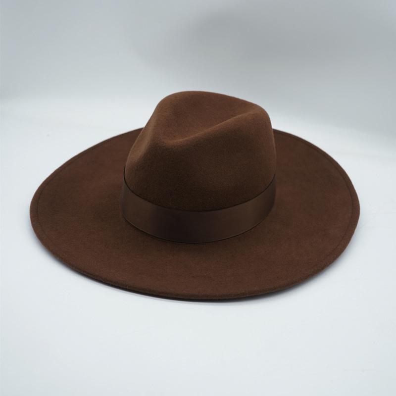 Maillard Style Autumn And Winter Brown Camel British Retro European And American Wool Woolen Men'S And Women'S Big Brim Wide Brim Jazz Top Hat