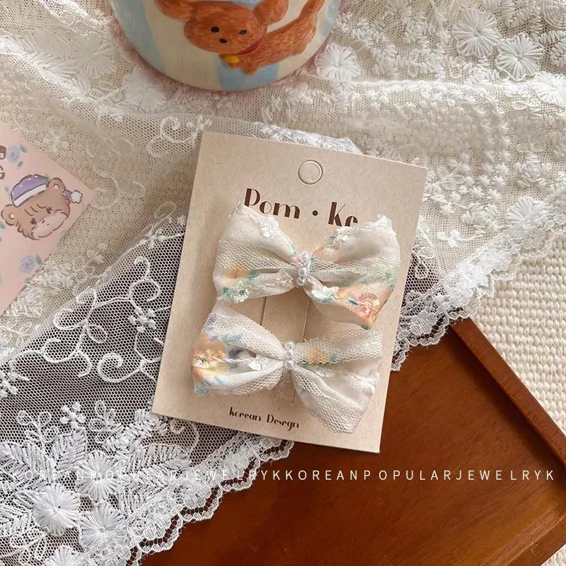 2pc/set Cute Princess Hair Clip for Toddler Exquisite Lace Bow Peal Baby Bang Side Clip Cute Kids Hair Pin Headwear Accessories